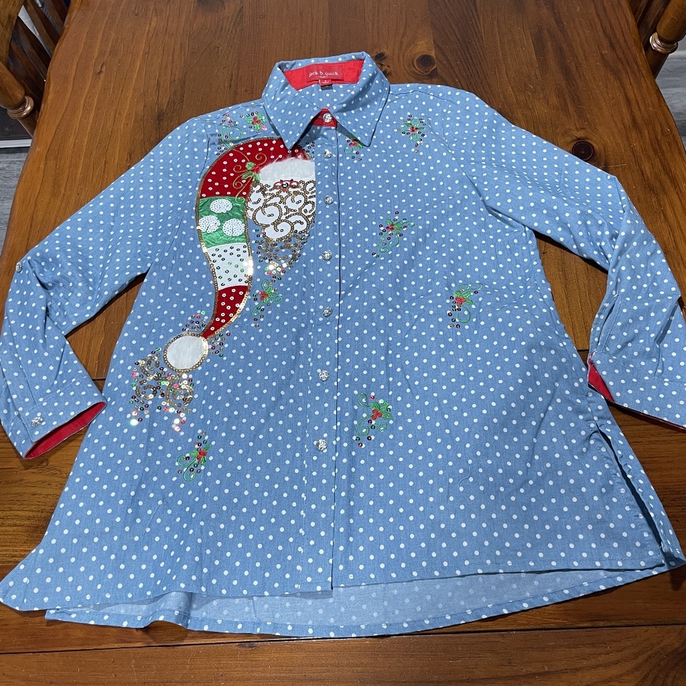 Jack B. Quick Holiday Blue White Polka Dot‎ Sequin Embroidered Button Up Shirt S